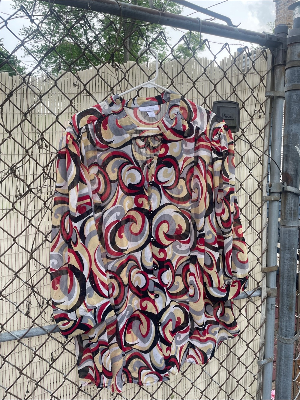 Dressbarn Almost Paisley gold, red, grey & white blouse with gold sparkles
